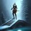 Placeholder: fantasy art, book cover, upper body a ranger with an axe in hand, in front of the ebony stairs of a bridge or dam ,icy water, there is also a hawk sitting on his shoulder