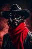 Placeholder: Portrait of a gritty western bandito with a red kerchief covering his face, Black cowboy hat, Fantasy, 8k