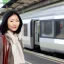 Placeholder: A beautiful slender Asian woman with short black hair waiting for a man at a train station in London