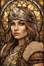 Placeholder: In the art style of Karem Beyit: sepia tone, a ((stained glass)) portrait of a Female Dwarf Viking