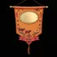 Placeholder: an autumn colored textured cloth hanging with embroidered ornamental leaves and cows, small blank oval brass engraving plate in upper middle, banner is downward pointed bottom, on dark background, western style