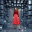 Placeholder: make a picture pretty stage made of metallic blue-gray teme 3d recursive cubic and sphere base structures and a beautiful fashion model lady posing with cute in black and white and the scene is in color,with dark red top and pretty pleated midi skirt ,makeup curvy long hair,dynamic camera zoom to full body and pan, dynamic lights.