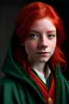 Placeholder: A girl with red hair and green eyes and she is wearing a Hogwarts robe