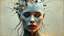 Placeholder: old worn paper, Ethereal bald white woman with thorns, thistles and plant roots on her head, human brains biomechanics cyberpunk style digital painting depicting a glowing woman with robotic features, combining human and artificial elements in a gripping sci-fi scene with intricate details and a cinematic atmosphere. Red lips, gold fragments, silver particles, wind, swirls, glare, glow from within, 8K, fine rendering, high detail, hyperrealism, high resolution, multi-layered, hyperdetail, hyperf