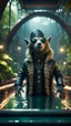 Placeholder: photo model of blessed furry hairy pimp rocker priest alien seal on boat bridge over water slide in dark lit reflective wet jungle metallic hall dome hotel tunnel, in the style of fallout 4 game,bokeh like f/0.8, tilt-shift lens 8k, high detail, smooth render, down-light, unreal engine, prize winning