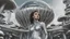 Placeholder: three-quarter-worms-eye view of a woman in a silver robotic catsuit standing in a futuristic derelict city with mushrooms with tentacles, floating in the sky