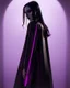 Placeholder: painting by koson ohara and marta bevacqua, portrait of a beautiful goth woman with long black hair, wearing a plastic raincoat, purple neon lighting, 8k, high quality, highly detailed