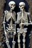 Placeholder: Celebrity skeleton couple dressed in intricately detailed designer suits made from macrame and quilling found in nature.