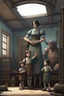 Placeholder: a giant woman protect 3 children, realistic style, interior of asylum