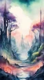 Placeholder: Landscape view in fantasy cyberpunk style with trees, watercolour