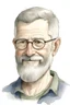 Placeholder: A very simplified and not much detailed impresjonist watercolor portrait of a slightly gray-haired man with short thinning hair (55 years old) in glasses with a thick frame. The man has a very short beard and a smile. The illustration should be simplified for a book for 2-3 year old children. The illustration must be very simplified.