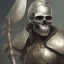 Placeholder: Skull headed knight with armor holding a big sword, standing still, smoke, realistic, 4K, High Definition, Centered