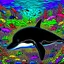 Placeholder: a very detailed orca in the ocean surrounded by a school of little fishes. Realistic, underwater world, enchanting, dangerous, colorful.