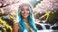 Placeholder: Close-up portrait of a gorgeous smiling skinny polynesian goddess with a golden dark shining skin, long smooth clear turquoise blue white hair, blue eyes, in a sci-fi outfit with luminous strikes blowing a kiss in a hill of flowers with sakura trees, a small torrent, loads of mini flowers, moss, sun rays through the branches, particles in the air at spring