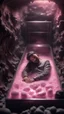 Placeholder: full body portrait of soap star sleeping inside a full size glass casket sarcophagus filled with calm transparent pinkish embalming liquid inside coal mine shaft,bokeh like f/0.8, tilt-shift lens 8k, high detail, smooth render, down-light, unreal engine, prize winning