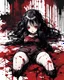 Placeholder: Petit girl goth, lying pose, fullbody, behind blood guts rising from the ground, illustration by <Yoji Shinkawa>, behind paint splashes darkred tones,