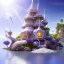 Placeholder: landscape of summer tropical ambient beutiful castle white gold and neon lights bright and colorful bright gloss effect of a futuristic house,like spaceship, natural round shapes concept, large transparent view of the open outdoor garden,sea beach at sunset, gold crystals,with light pink, flowers of Lotus, beutiful pools, light of sun , palmiers,cerisiers en fleurs, wisteria, sun , stars, small waterfalls