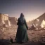 Placeholder: A Palestinian woman wearing the Palestinian dress carries her dead son as she screams and cries at night, with explosions in refugee tents behind her.