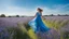 Placeholder: A serene scene of a woman in a flowy blue dress, standing in a field of vibrant blue flowers under a clear summer sky, the air filled with the scent of blooming lavender and jasmine, capturing a moment of pure euphoria.