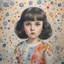 Placeholder: 1970s, Isabelle adjani, little girl,in the style of Margaret Keane, watercolor dots in the background