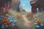 Placeholder: Pale blue sky with one exoplanet in the horizon, flowers, rocks, cliffs, sci-fi and fantasy, otto pippel and friedrich eckenfelder impressionism paintings