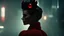 Placeholder: high resolution, best quality, cinematic shot, , full body shot wide angle, blade runner, woman in red , with a black crow on her shoulder, the woman has got a crystal white crown on her head. stars are reflecting in the glass crown