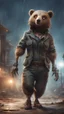 Placeholder: book cover illustration, fallout 4 setting, horror weird cowboy bear beaver alien bird walking on stilts in female garments, getting hit by lightening electric arc, with big disturbed eyes,bokeh like f/0.8, tilt-shift lens 8k, high detail, smooth render, down-light, unreal engine, prize winning