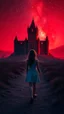 Placeholder: A beautiful girl walking with an alien both their hands on both shoulders from rear view , they are walking toward a an red big old abandoned castle in a distance ,in romantic themes in the background is a vivid red sky stars and milky way galaxy and the blighting creates a dramatic and otherworldly atmosphere