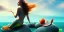 Placeholder: mermaid sitting on a rock in the ocean, long hair, back view