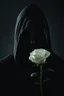 Placeholder: Extremely realistic photo of a hooded masked phantom , all black giving you a white Rose , general foul weather, (Rembr Lighting), zeiss lens, ultra realistic, (high detailed skin:1.2), 8k uhd, dslr, Dramatic Rim light, high quality, Fujifilm XT3, artwork in pale distressed tones , minimalistic approach, blends old world aesthetics art with elements of distressed painting and illustration, shadow play, high conceptuality, palette inspired by Charlene Mc Nall