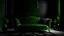 Placeholder: Black interior with green velour sofa, table, fur carpet and decor. 3d render illustration mock up.