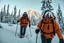 Placeholder: picture of two snowshoers in an Alpine Forest, serious, far behind the snowshoers in background is a Yeti monster, photobomb, photoreal HD quality, everything in sharp focus, depth of field