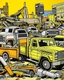 Placeholder: A pale orange colored junkyard with construction trucks painted by Roy Lichtenstein