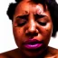 Placeholder: Portrait of a young black woman crying. Tears the colour of oil. Depression seeping out of her eyes nose and mouth like a oil spill