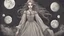 Placeholder: comic style, In the pallid moonlight, a peculiar girl appears - a vampire, her skin a haunting shade of spectral grey, as if she herself were wrought from the lonely heart of a forsaken moon. Cruel rubies are set into her eyes, glowing with ominous liveliness against her lifeless pallor. Blood, a sinister accompaniment to her form, the colour of garnet, seems to drip off her like a macabre jewel, casting a chilling aura of dangerous enchantment about her.