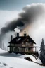 Placeholder: A house on a snowy mountain with smoke rising from it