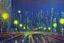 Placeholder: Night, futuristic buildings near trees, highway, people, sci-fi, impressionism, ealistic painting