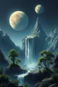 Placeholder: Alien planet with waterfall,trees 2 moons, mountains,