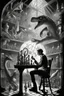 Placeholder: news paper journalist loab harlequin playing burning chess geese dinosaur reptiles in very bright light bulb factory on the docks with twisted ladders with the most a confused look on his face in front of a huge glass prism clock with angels, in the style of Escher and Giger