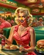Placeholder: A hyper-realistic digital painting in an ultra-wide 2.39:1 cinematic aspect ratio depicts "Rockin’ Bites Drive-In" during golden hour, showcasing Marilyn Monroe as the central figure. She is a radiant blonde with perfect platinum curls and vibrant red lipstick, clad in a crisp pink waitress uniform and a frilly apron, gracefully balancing a tray loaded with classic burgers and creamy milkshakes. Elvis Presley, in a pristine diner cook outfit, stands confidently behind the grill, flipping burgers