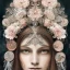 Placeholder: portrait,"Insanely detailed photograph of a beautiful nordic vestal Goddess,gorgeous clean face,intricate mask, highly intricate dress,intricately designed colorful flowers in hair,elegant, highly detailed hair, digital painting, artstation, concept art, smooth, sharp focus, illustration, art by artgerm and greg rutkowski and alphonse mucha, 8 k,looking downward,album cover art,fantasy