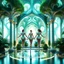 Placeholder: 3D fractal recursive art of dancer girls in a futuristic magical villa garden. Intricate, detailed, dreamlike, fantastical, surreal, volumetric, layered, geometric patterns. Ethereal, shimmering, otherworldly. Elegant, graceful dancers in motion, surrounded by lush, verdant vegetation, ornate architecture, and glowing, luminescent elements. Vibrant,