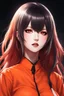 Placeholder: Kirari Momobami from Kakegurui As An Arkham Asylum Inmate, wearing an orange inmate jumpsuit, orange prison uniform, with a special collar to stop her from using her powers, digital art