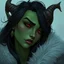 Placeholder: A digital illustration of an orcish woman, green skin, black hair, red eyes, wearing furs, lost in thought