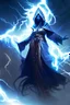 Placeholder: mysterious female djinn in long robes surrounded by lightning protecting the world