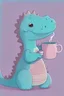Placeholder: Cute flat animation of a dinasor, The dinasor is soft pink with cute eyes and a lovely look, without nostrils. The dinasor is a basic simple cartoon character With small hands, without many details, Without scales. The dinasoor is enjoing drinking tea from a blue cup. She is holding the cup with her hands.