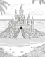 Placeholder: coloring page for adults, a sandcastle made of sand and pebbles on the beach, high details, very intricate, black and white, no color.