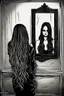 Placeholder: back view of a woman, beautiful long hair, her reflection in a mirror is an empty face, symbolism for the question "who am I", 32k, Mysterious and gothic, chaotic