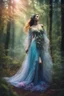 Placeholder: Close Up Photography Realistic Cinematic colors, beautiful forest woman, photography art style, full body view, a mystical forest, At the center of the photography beautiful Nature Woman, a striking figure of ethereal beauty, The beautiful woman is adorned in a gown made of living flowers and leaves, The gown shimmers with a soft, iridescent glow