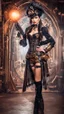 Placeholder: Full Body photo of a steampunk burlesque Woman With straight hair and a Fringe Hairstyle, holding a laser gun, sci-fi steampunk Background